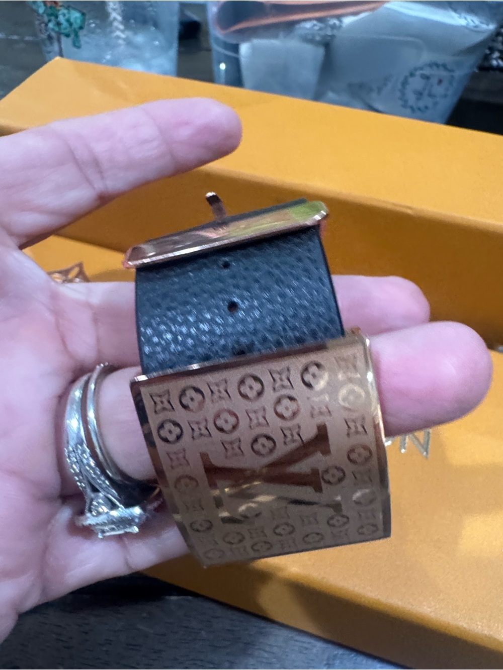 Black Leather Logo Cuff Bracelet - Picture 2 of 3